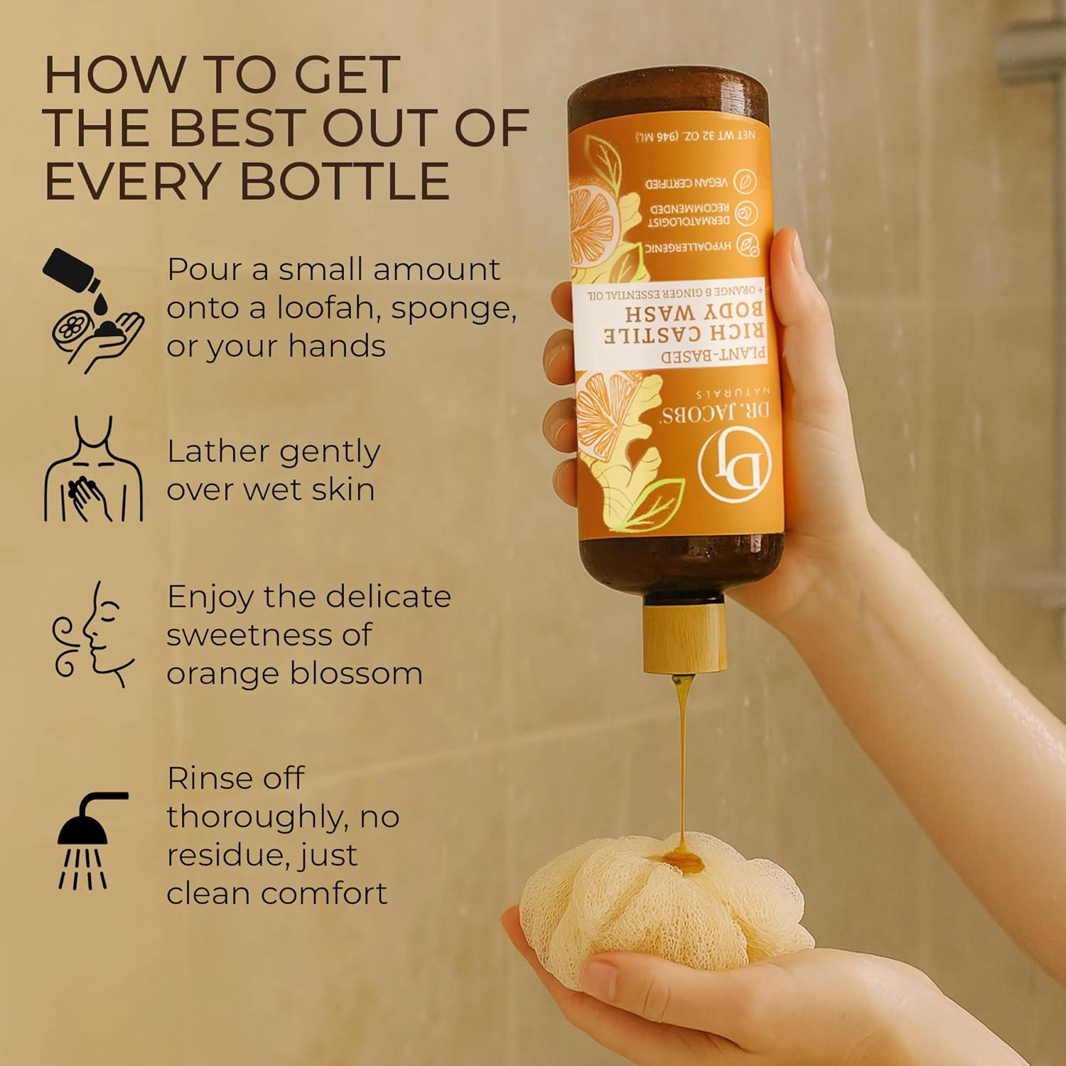 DR. JACOBS NATURALS Castile Orange & Ginger All-Natural Body Wash for Moisturizing Dry and Sensitive Skin Shampoo with Plant-Based Ingredients Gluten, Preservatives-Free Formula - 32 oz, Pack of 2