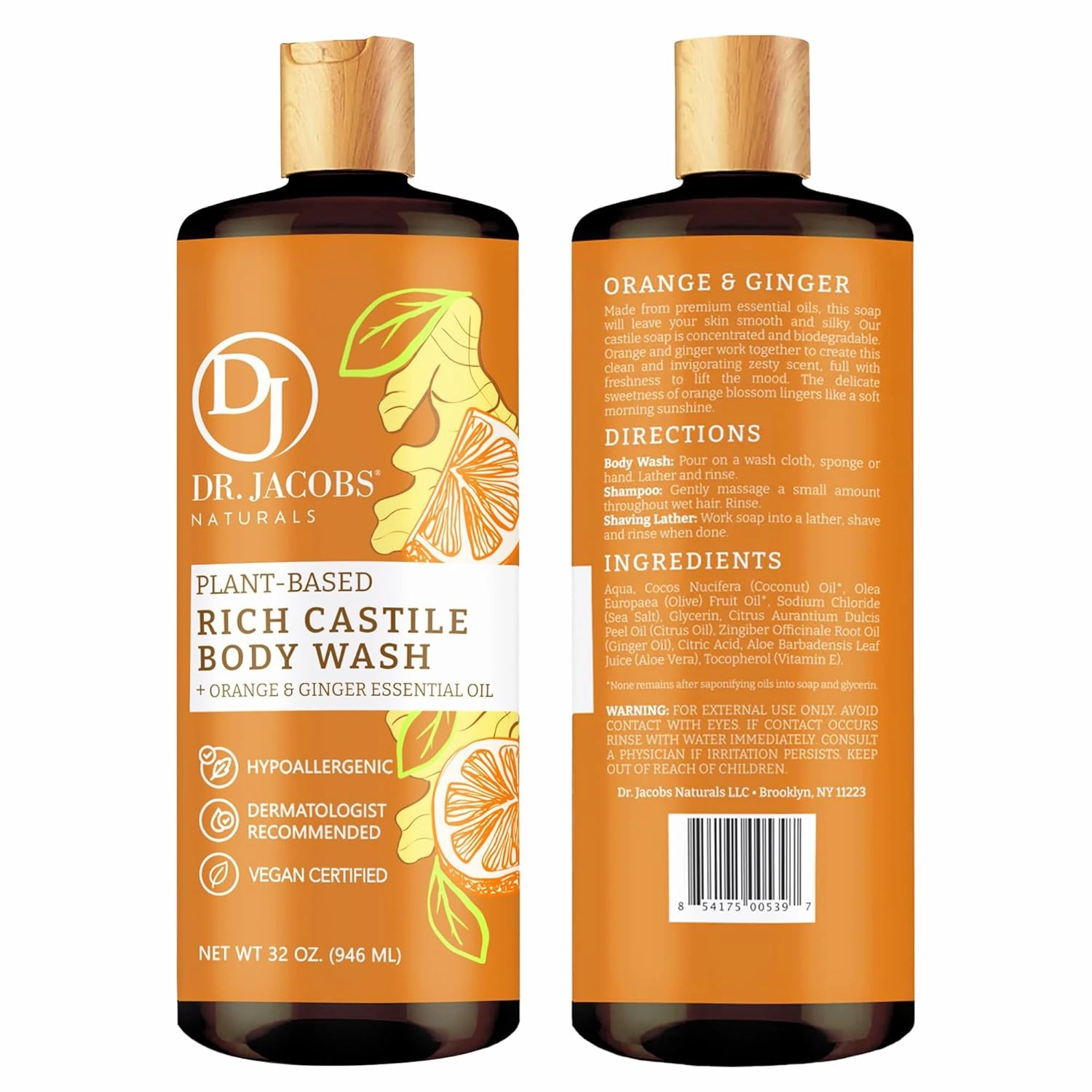 DR. JACOBS NATURALS Castile Orange & Ginger All-Natural Body Wash for Moisturizing Dry and Sensitive Skin Shampoo with Plant-Based Ingredients Gluten, Preservatives-Free Formula - 32 oz, Pack of 2