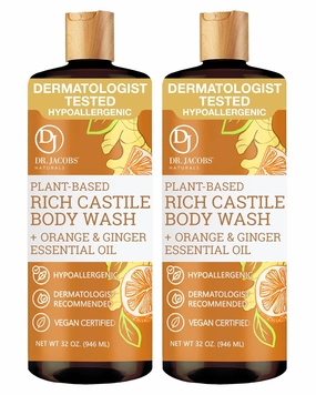 DR. JACOBS NATURALS Castile Orange & Ginger All-Natural Body Wash for Moisturizing Dry and Sensitive Skin Shampoo with Plant-Based Ingredients Gluten, Preservatives-Free Formula - 32 oz, Pack of 2