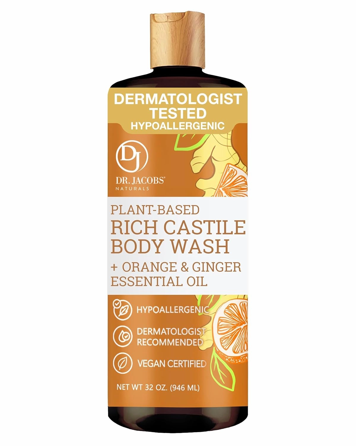DR. JACOBS NATURALS Castile Orange & Ginger All-Natural Body Wash for Moisturizing Dry and Sensitive Skin Shampoo with Plant-Based Ingredients Gluten, Preservatives-Free Formula - 32 oz