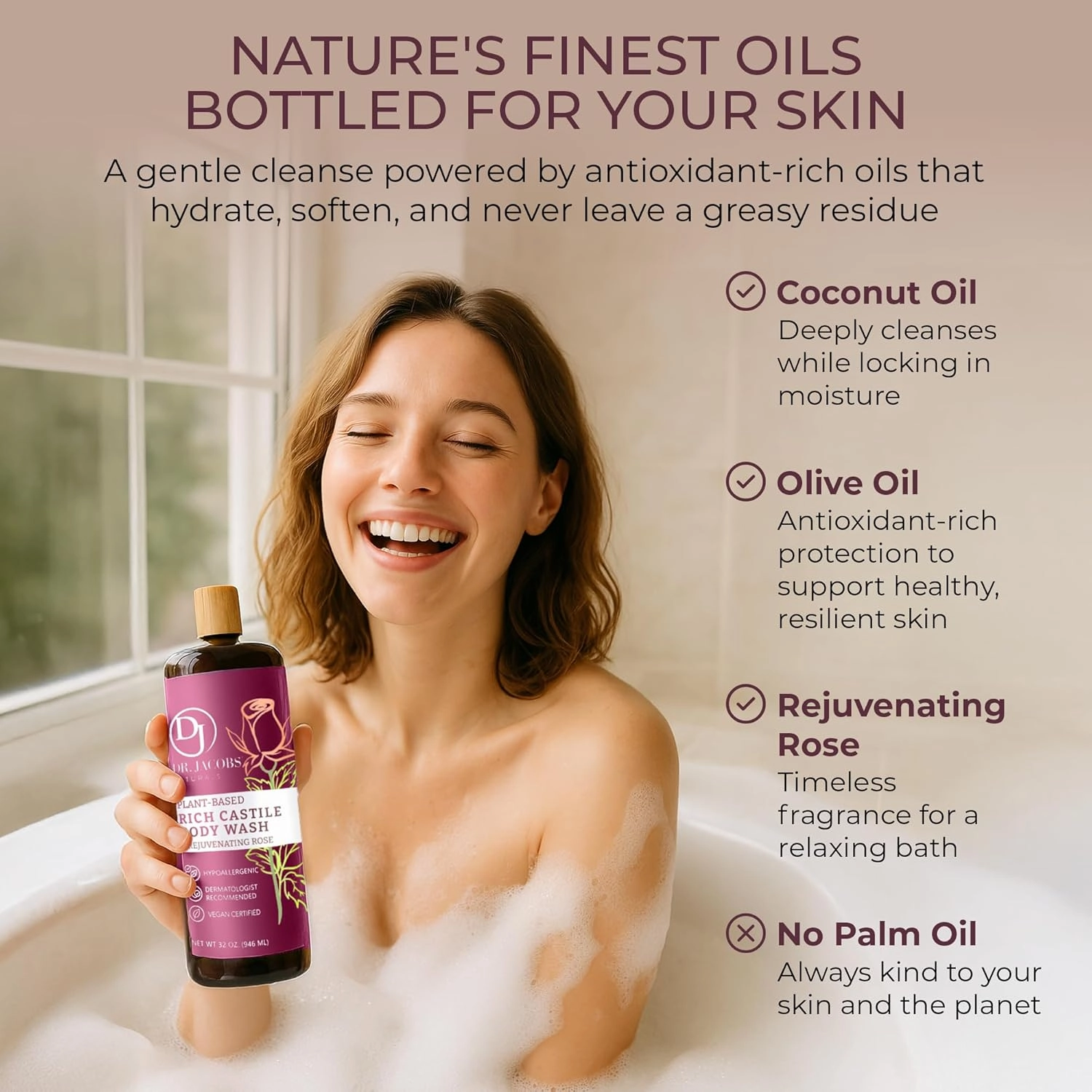 DR. JACOBS NATURALS Castile Rose All-Natural Body Wash for Moisturizing Dry and Sensitive Skin Shampoo with Plant-Based Ingredients Gluten, Preservatives-Free Formula - 32 oz, Pack of 3