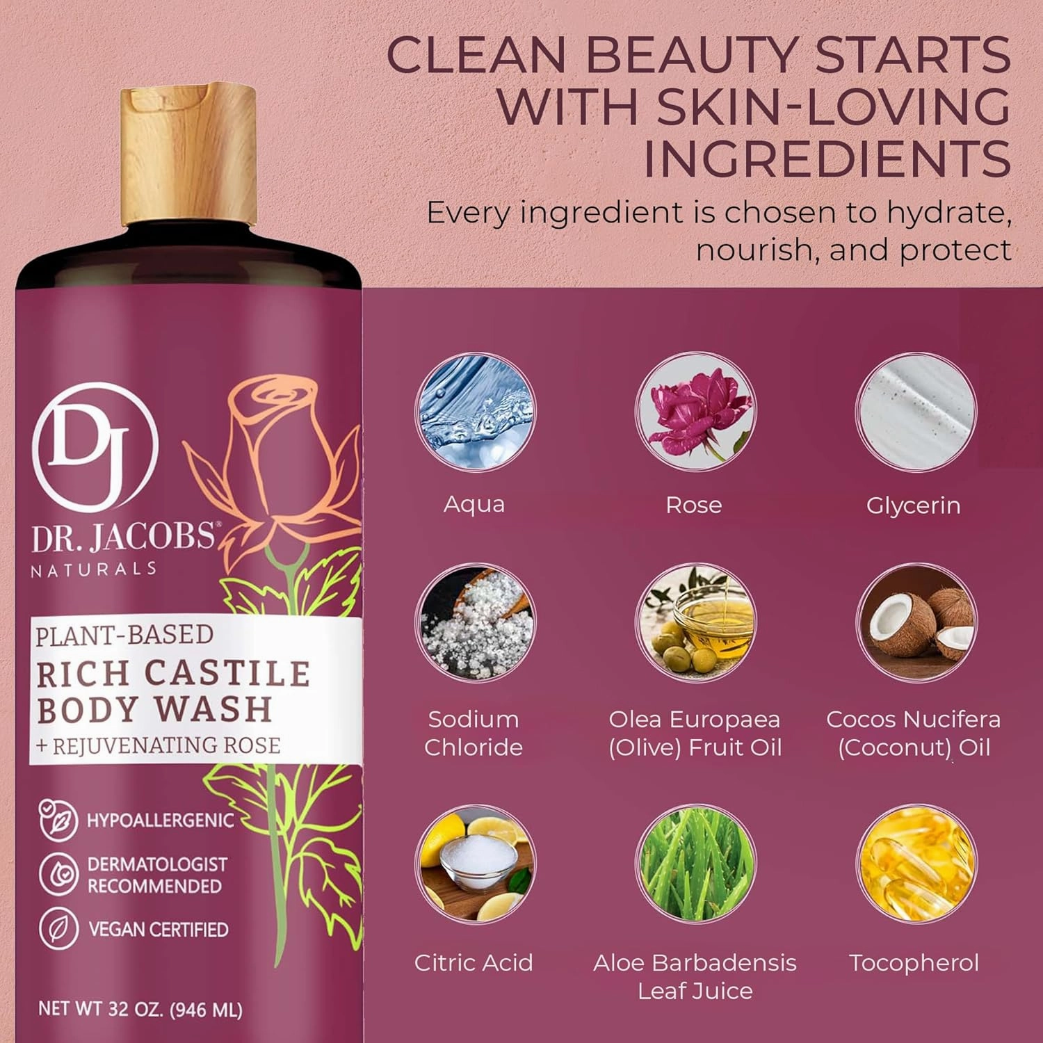 DR. JACOBS NATURALS Castile Rose All-Natural Body Wash for Moisturizing Dry and Sensitive Skin Shampoo with Plant-Based Ingredients Gluten, Preservatives-Free Formula - 32 oz, Pack of 3