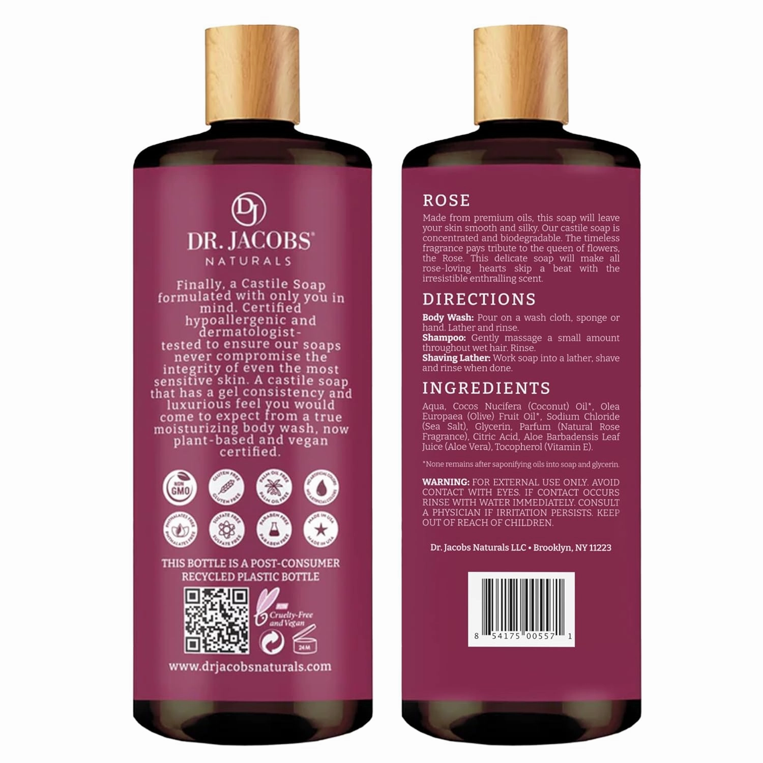 DR. JACOBS NATURALS Castile Rose All-Natural Body Wash for Moisturizing Dry and Sensitive Skin Shampoo with Plant-Based Ingredients Gluten, Preservatives-Free Formula - 32 oz, Pack of 3