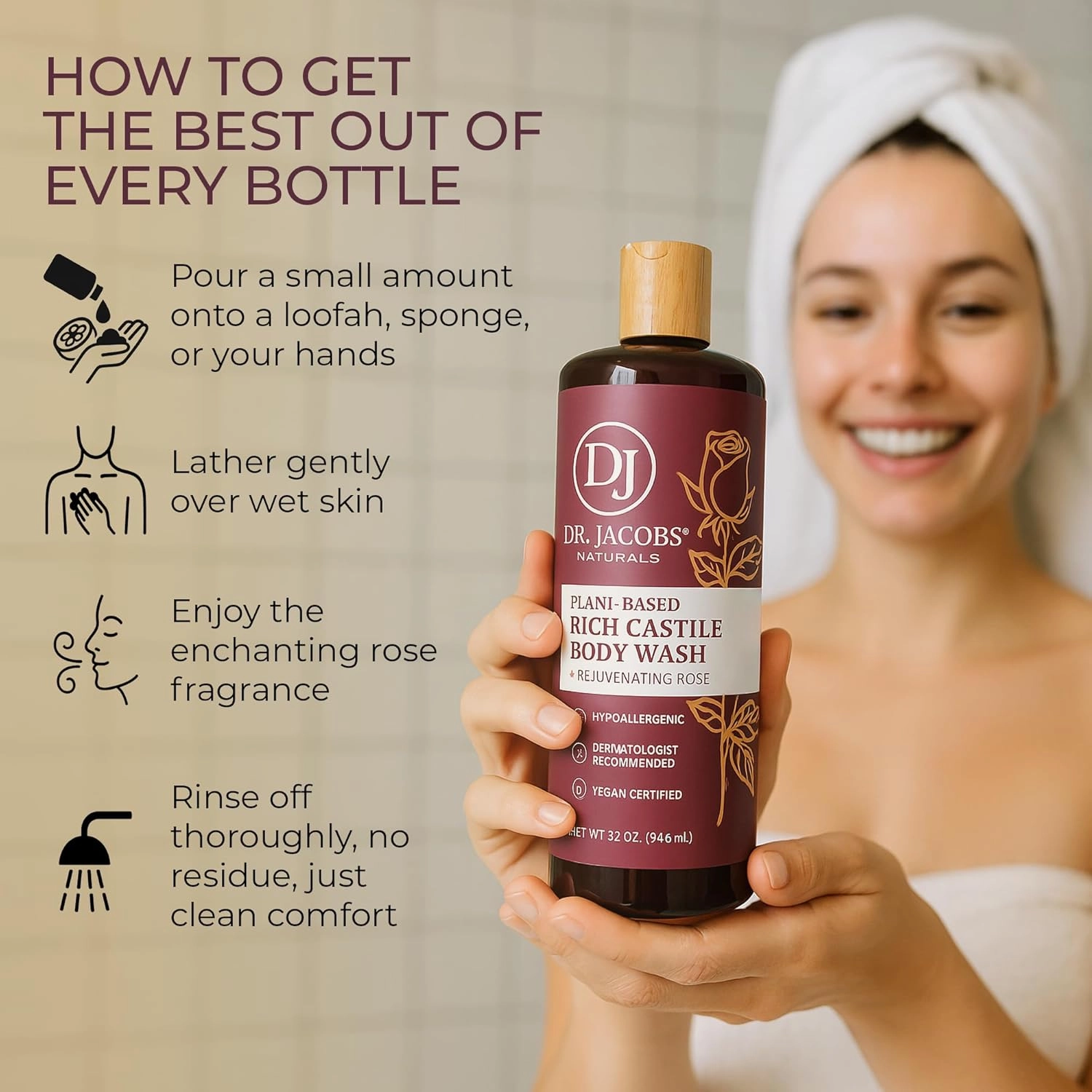 DR. JACOBS NATURALS Castile Rose All-Natural Body Wash for Moisturizing Dry and Sensitive Skin Shampoo with Plant-Based Ingredients Gluten, Preservatives-Free Formula - 32 oz, Pack of 3