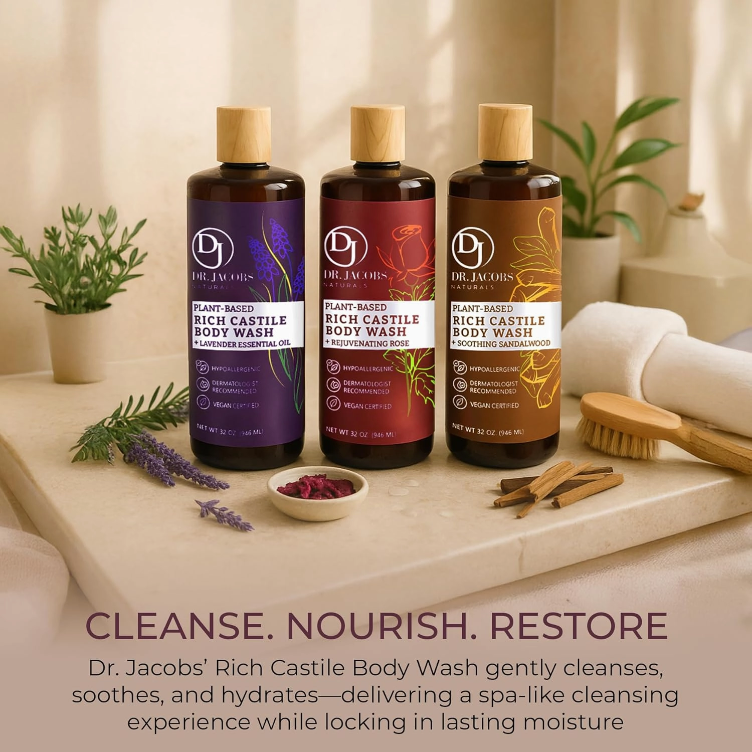 DR. JACOBS NATURALS Castile Rose All-Natural Body Wash for Moisturizing Dry and Sensitive Skin Shampoo with Plant-Based Ingredients Gluten, Preservatives-Free Formula - 32 oz, Pack of 3