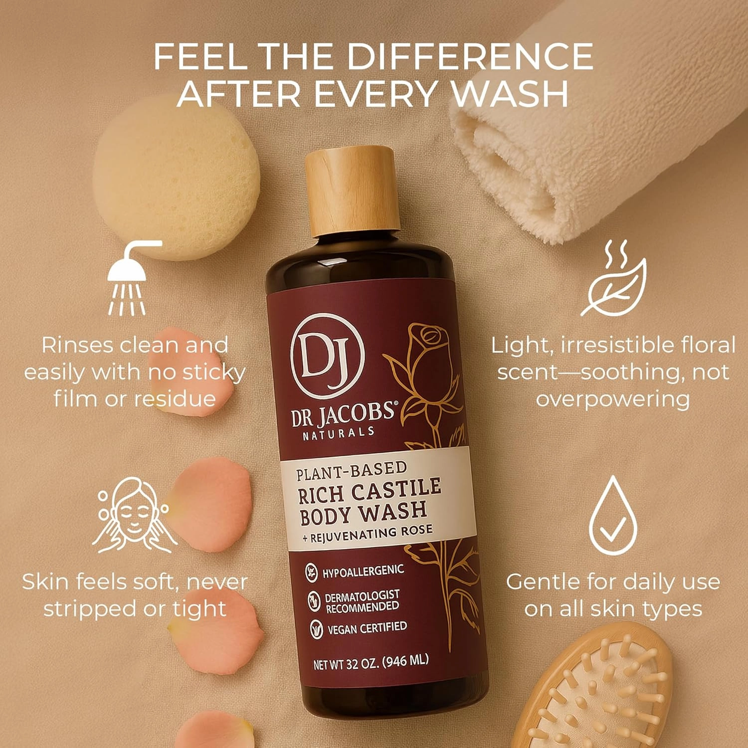 DR. JACOBS NATURALS Castile Rose All-Natural Body Wash for Moisturizing Dry and Sensitive Skin Shampoo with Plant-Based Ingredients Gluten, Preservatives-Free Formula - 32 oz, Pack of 3
