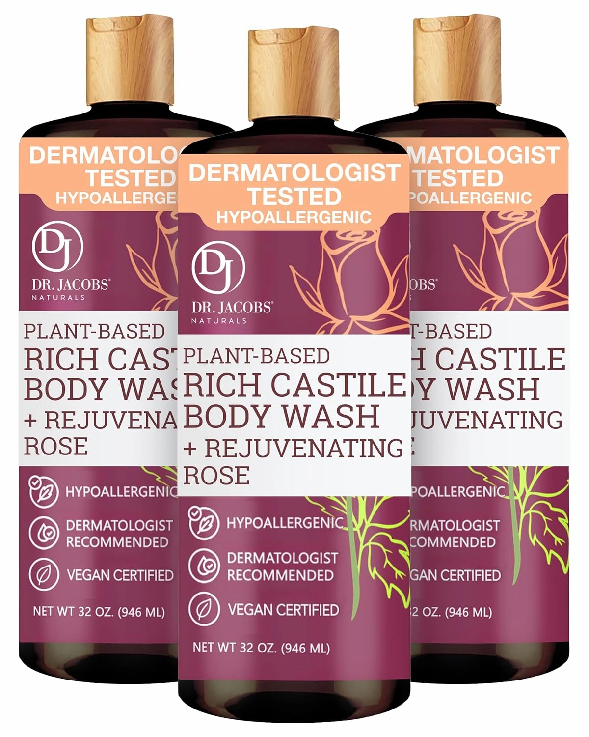 DR. JACOBS NATURALS Castile Rose All-Natural Body Wash for Moisturizing Dry and Sensitive Skin Shampoo with Plant-Based Ingredients Gluten, Preservatives-Free Formula - 32 oz, Pack of 3