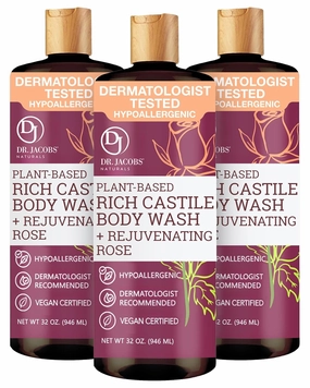 DR. JACOBS NATURALS Castile Rose All-Natural Body Wash for Moisturizing Dry and Sensitive Skin Shampoo with Plant-Based Ingredients Gluten, Preservatives-Free Formula - 32 oz, Pack of 3