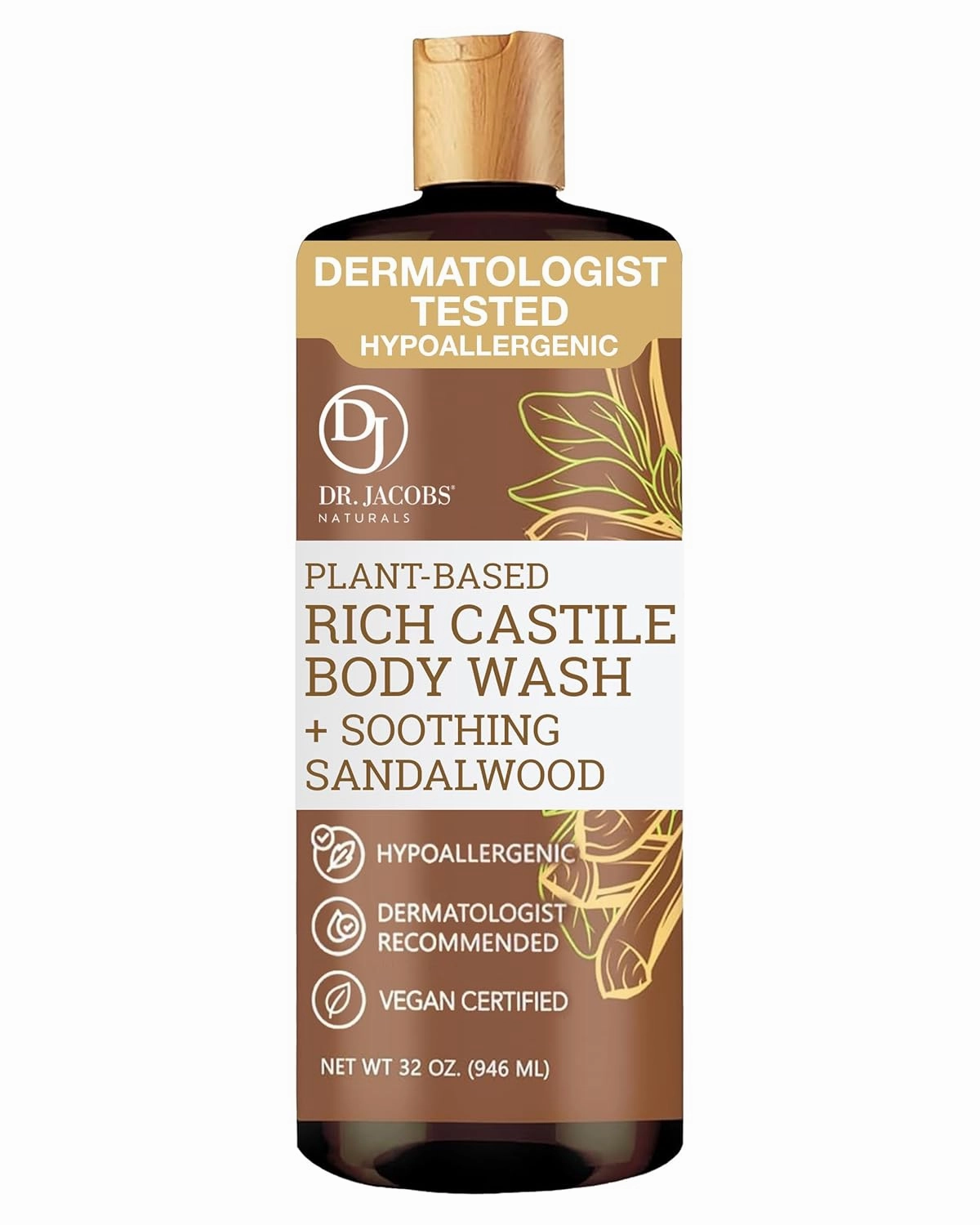 DR. JACOBS NATURALS Castile Sandalwood All-Natural Body Wash for Moisturizing Dry and Sensitive Skin Shampoo with Plant-Based Ingredients Gluten, Preservatives-Free Formula - 32 oz, Pack of 1