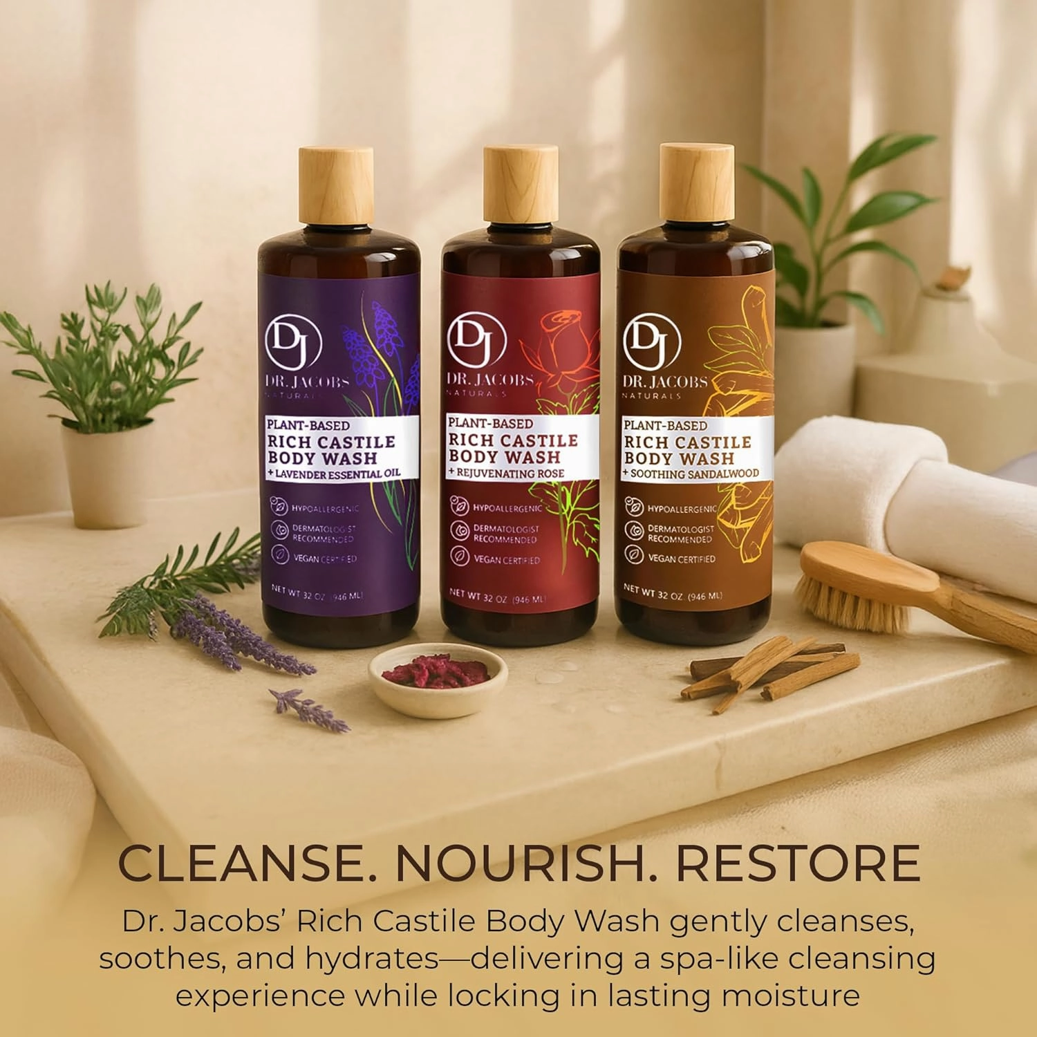 DR. JACOBS NATURALS Castile Sandalwood All-Natural Body Wash for Moisturizing Dry and Sensitive Skin Shampoo with Plant-Based Ingredients Gluten, Preservatives-Free Formula - 32 oz, Pack of 1
