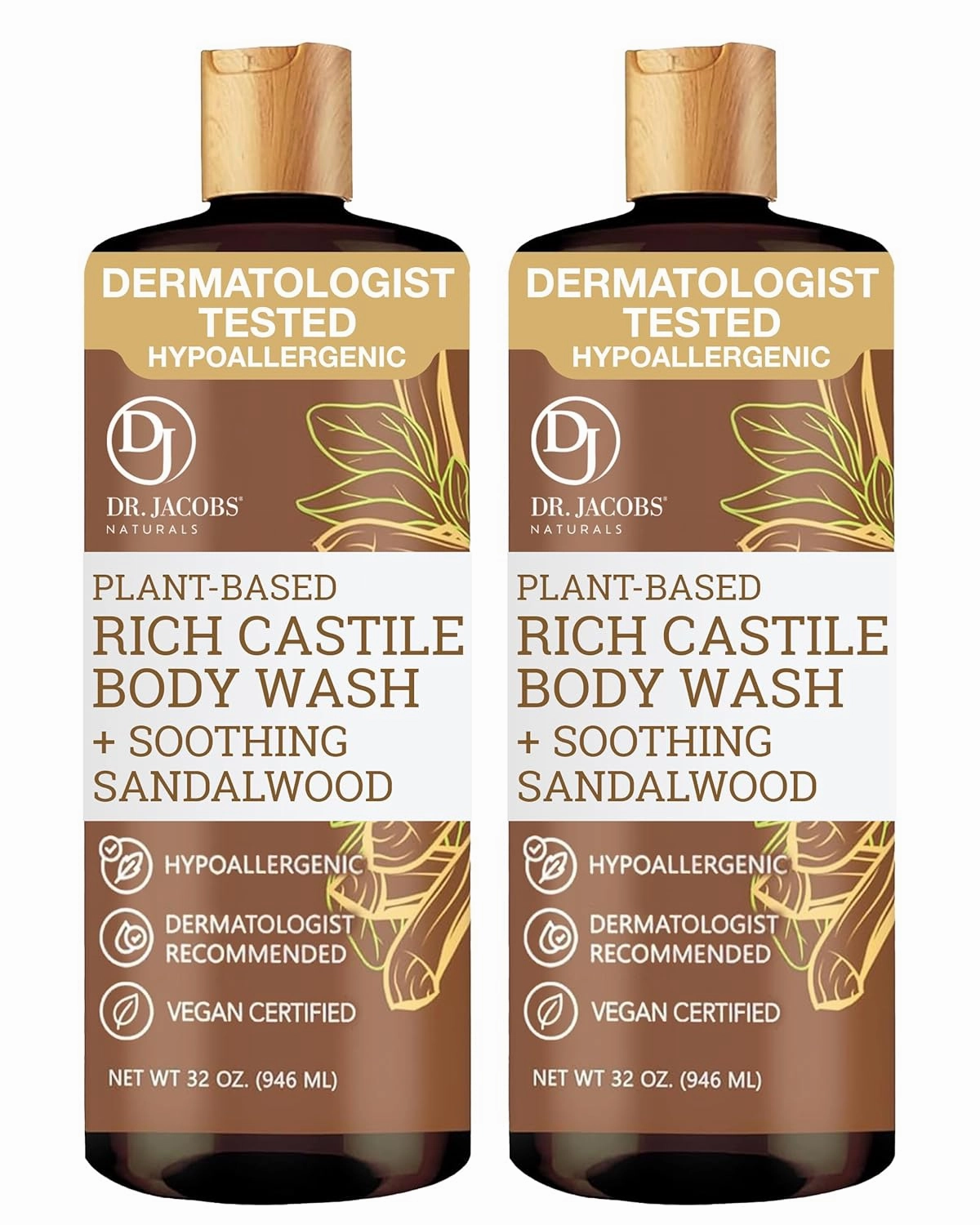 DR. JACOBS NATURALS Castile Sandalwood All-Natural Body Wash for Moisturizing Dry and Sensitive Skin Shampoo with Plant-Based Ingredients Gluten, Preservatives-Free Formula - 32 oz, Pack of 2
