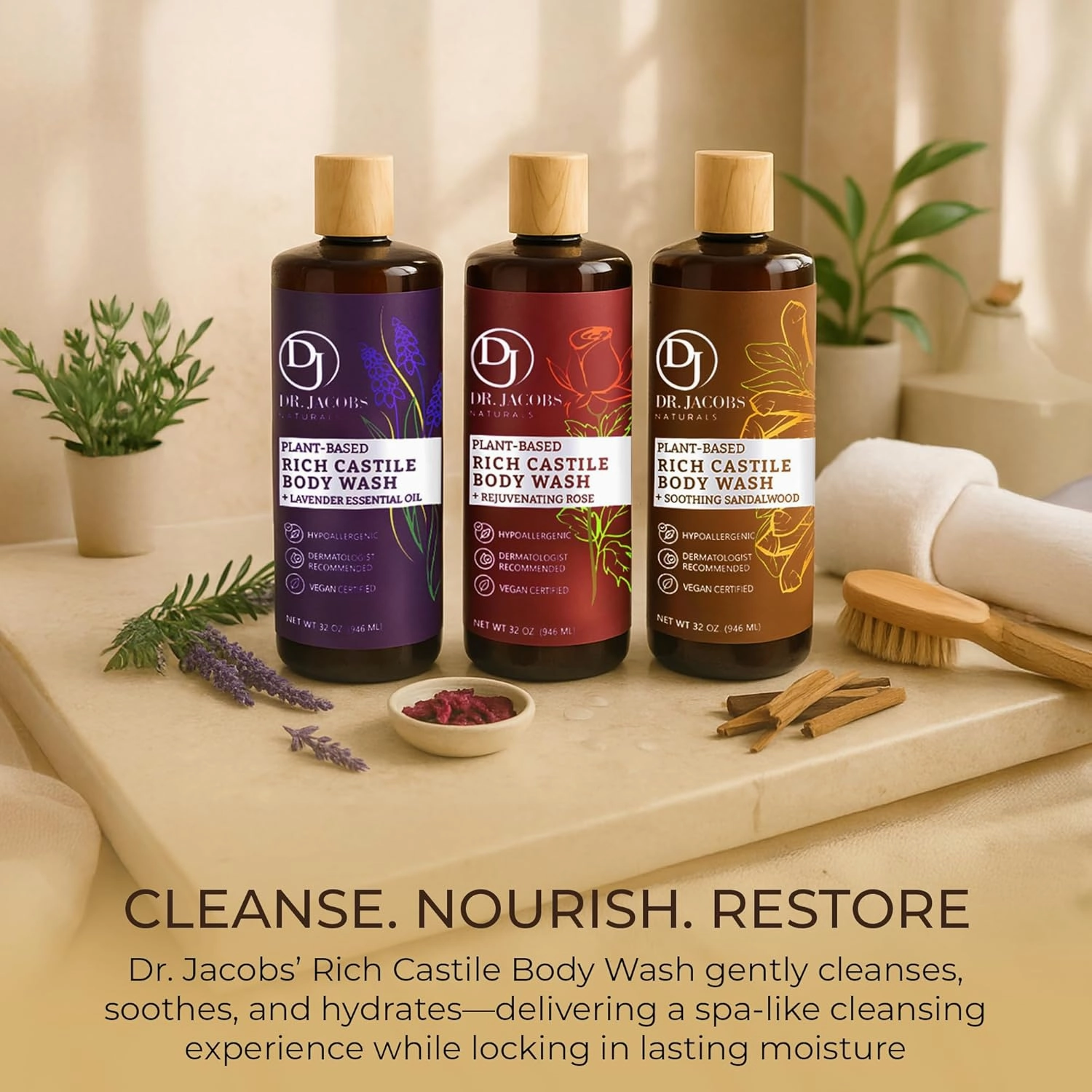 DR. JACOBS NATURALS Castile Sandalwood All-Natural Body Wash for Moisturizing Dry and Sensitive Skin Shampoo with Plant-Based Ingredients Gluten, Preservatives-Free Formula - 32 oz, Pack of 2