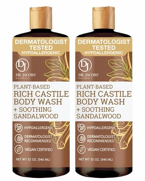 DR. JACOBS NATURALS Castile Sandalwood All-Natural Body Wash for Moisturizing Dry and Sensitive Skin Shampoo with Plant-Based Ingredients Gluten, Preservatives-Free Formula - 32 oz, Pack of 2