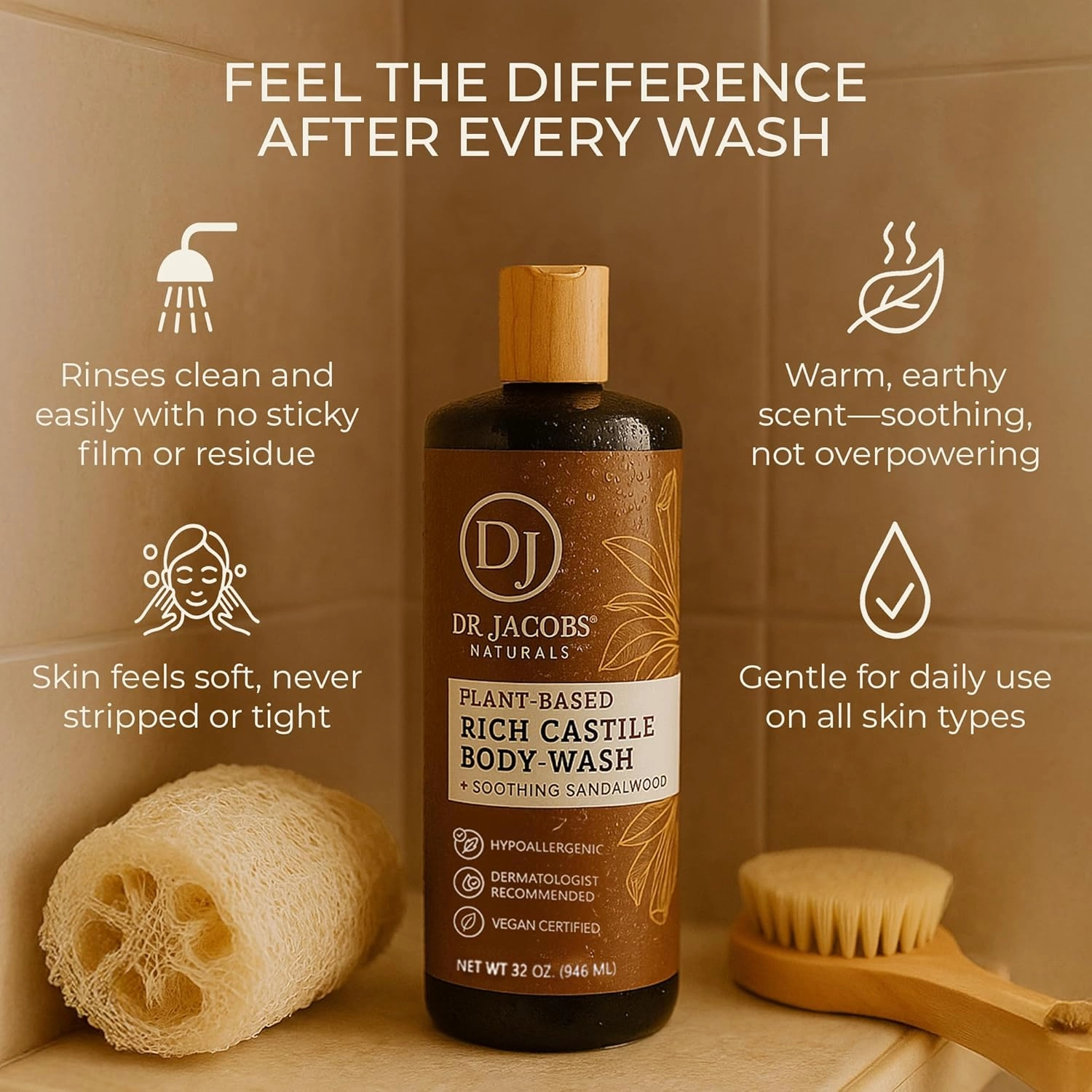 DR. JACOBS NATURALS Castile Sandalwood All-Natural Body Wash for Moisturizing Dry and Sensitive Skin Shampoo with Plant-Based Ingredients Gluten, Preservatives-Free Formula - 32 oz, Pack of 2