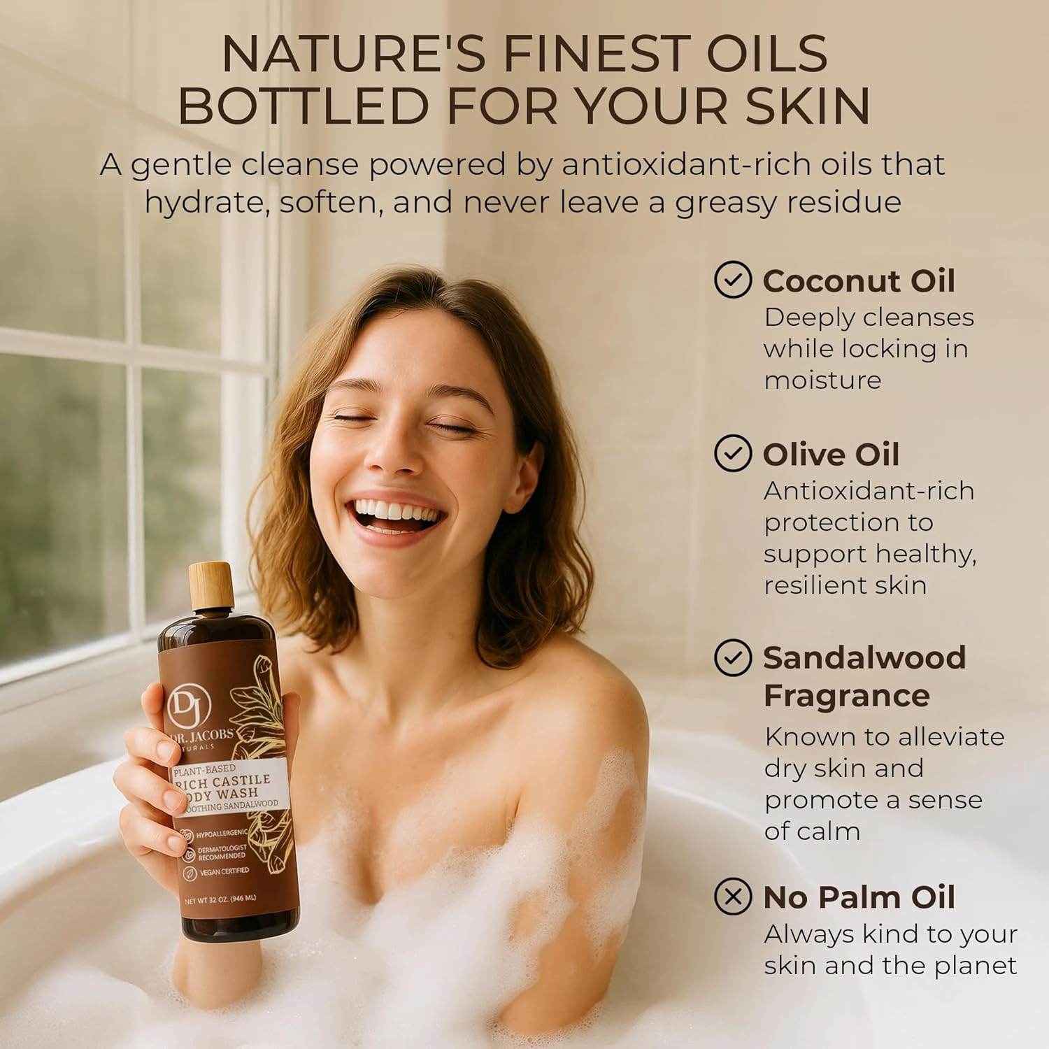 DR. JACOBS NATURALS Castile Sandalwood All-Natural Body Wash for Moisturizing Dry and Sensitive Skin Shampoo with Plant-Based Ingredients Gluten, Preservatives-Free Formula - 32 oz, Pack of 3