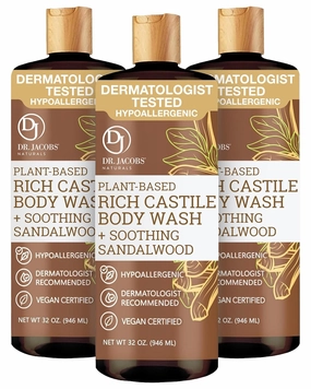 DR. JACOBS NATURALS Castile Sandalwood All-Natural Body Wash for Moisturizing Dry and Sensitive Skin Shampoo with Plant-Based Ingredients Gluten, Preservatives-Free Formula - 32 oz, Pack of 3