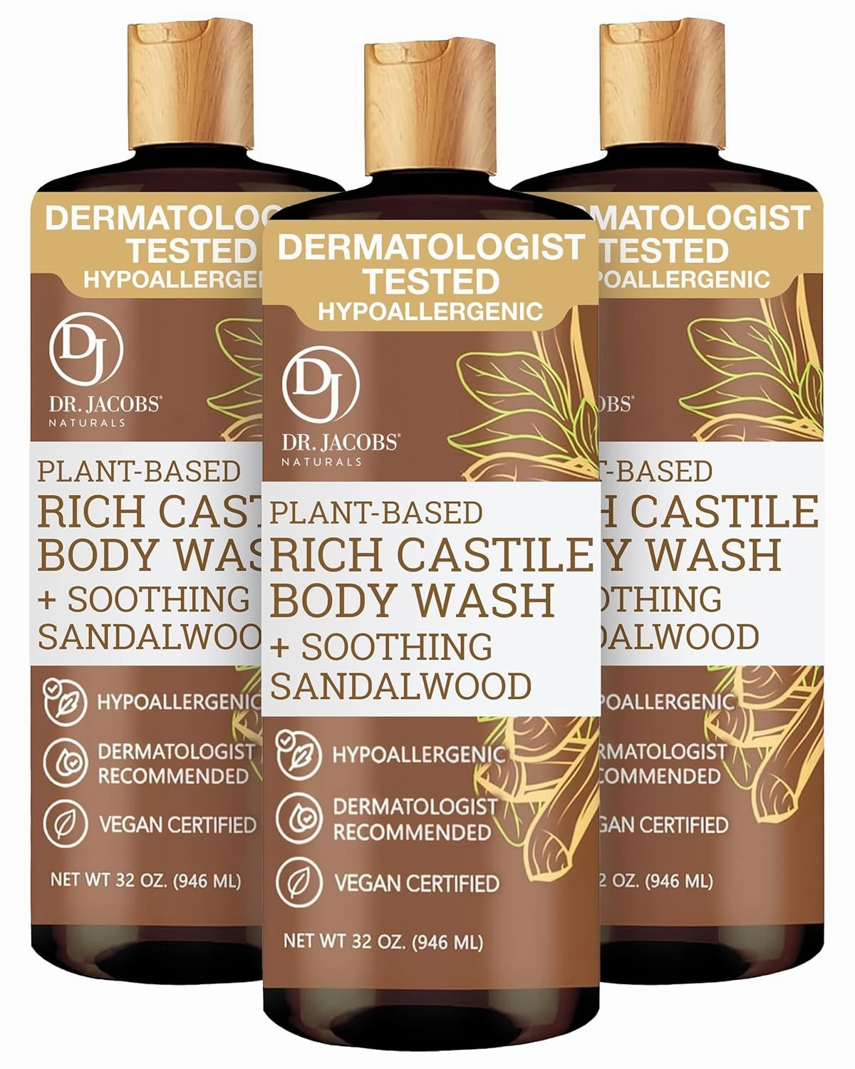 DR. JACOBS NATURALS Castile Sandalwood All-Natural Body Wash for Moisturizing Dry and Sensitive Skin Shampoo with Plant-Based Ingredients Gluten, Preservatives-Free Formula - 32 oz, Pack of 3