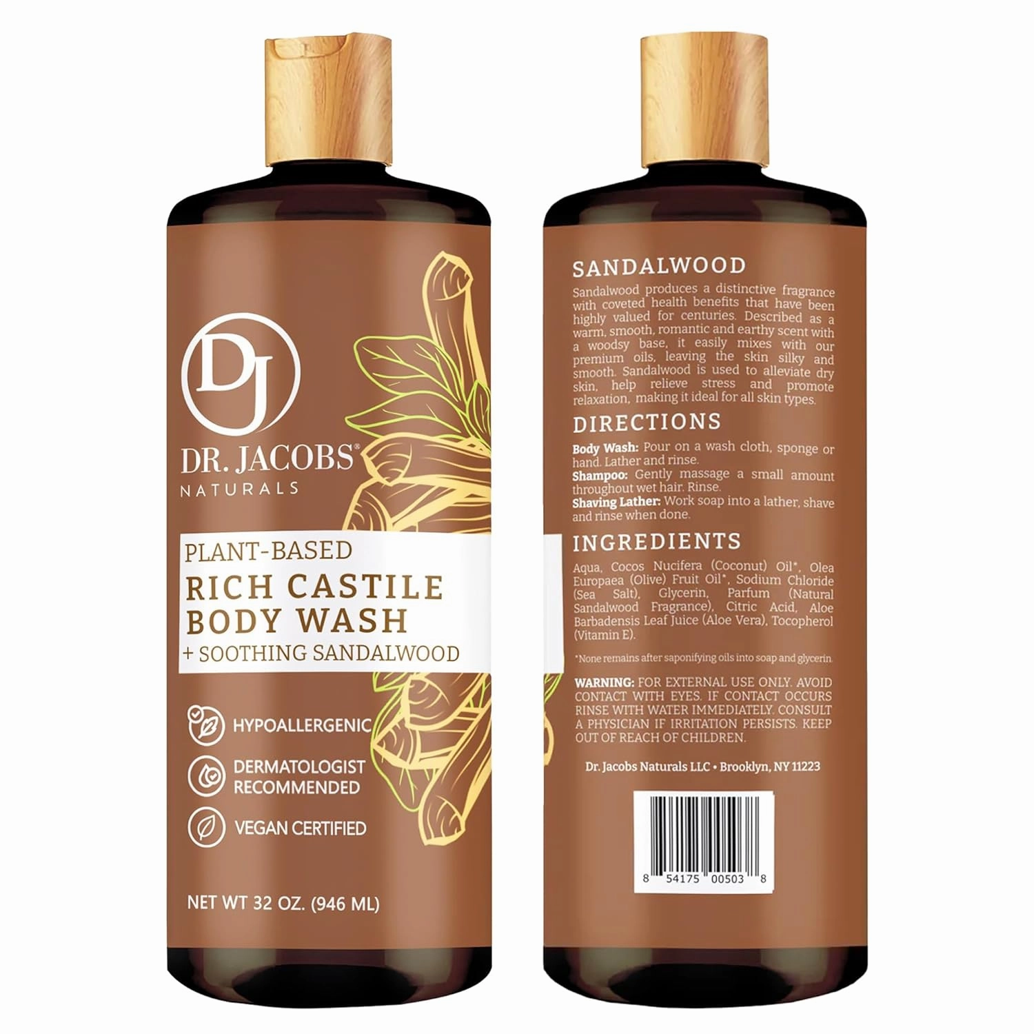 DR. JACOBS NATURALS Castile Sandalwood All-Natural Body Wash for Moisturizing Dry and Sensitive Skin Shampoo with Plant-Based Ingredients Gluten, Preservatives-Free Formula - 32 oz, Pack of 3