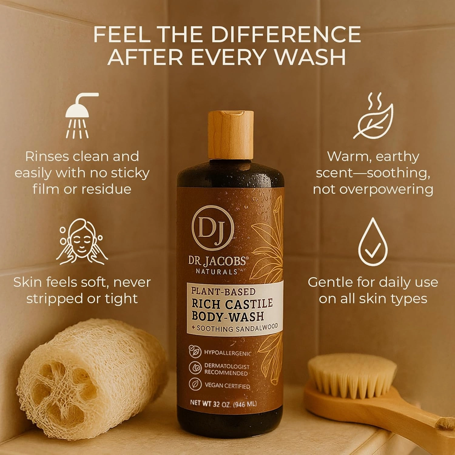 DR. JACOBS NATURALS Castile Sandalwood All-Natural Body Wash for Moisturizing Dry and Sensitive Skin Shampoo with Plant-Based Ingredients Gluten, Preservatives-Free Formula - 32 oz, Pack of 3