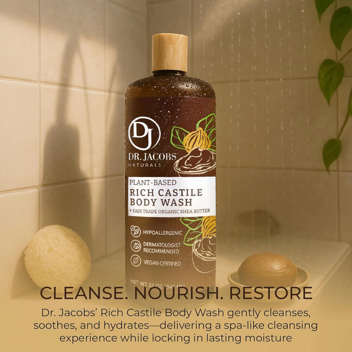 DR. JACOBS NATURALS Castile Shea Butter All-Natural Body Wash for Moisturizing Dry and Sensitive Skin Shampoo with Plant-Based Ingredients Gluten, Preservatives-Free Formula - 32 oz, Pack of 1