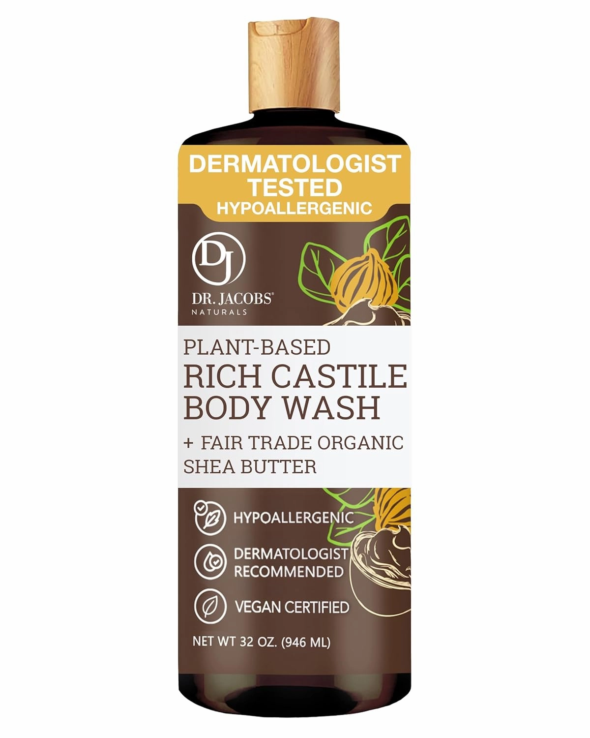 DR. JACOBS NATURALS Castile Shea Butter All-Natural Body Wash for Moisturizing Dry and Sensitive Skin Shampoo with Plant-Based Ingredients Gluten, Preservatives-Free Formula - 32 oz, Pack of 1