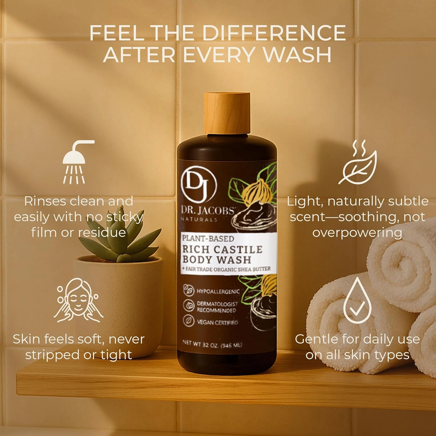 DR. JACOBS NATURALS Castile Shea Butter All-Natural Body Wash for Moisturizing Dry and Sensitive Skin Shampoo with Plant-Based Ingredients Gluten, Preservatives-Free Formula - 32 oz, Pack of 1