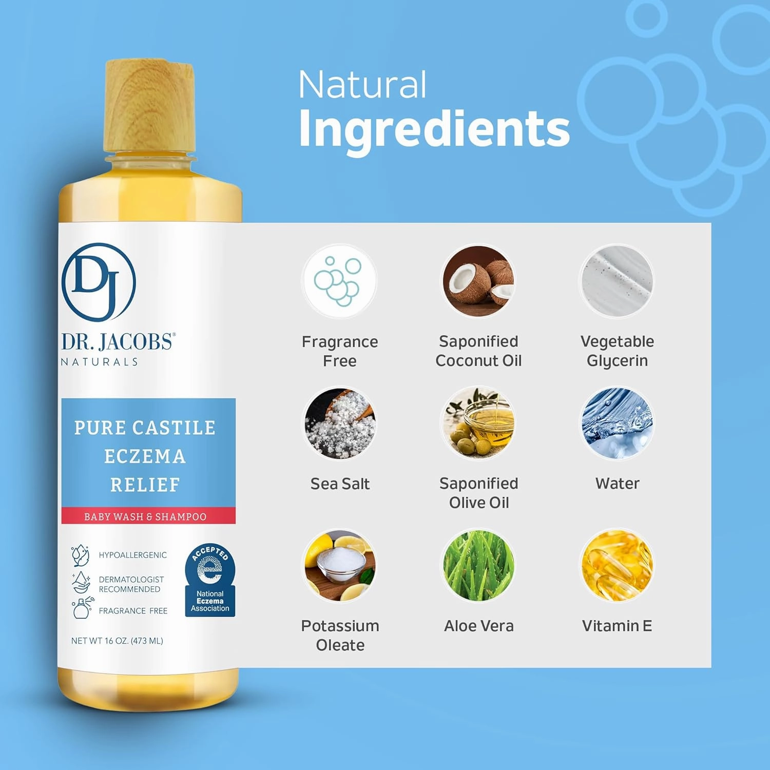 Dr. Jacobs Pure Castile Baby Wash - Effective Body Wash to Relieve Baby Eczema - Gentle Shampoo and Unscented Soap for Sensitive Skin, and Hypoallergenic - 16 oz -2PK