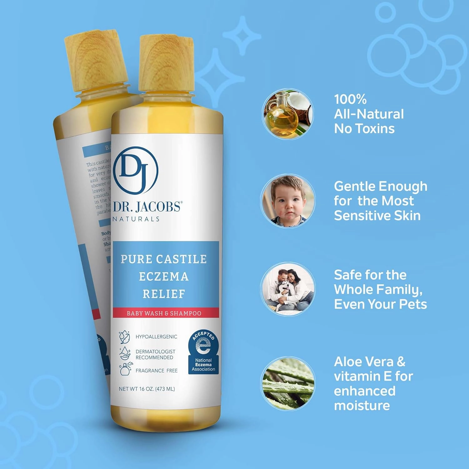 Dr. Jacobs Pure Castile Baby Wash - Effective Body Wash to Relieve Baby Eczema - Gentle Shampoo and Unscented Soap for Sensitive Skin, and Hypoallergenic - 16 oz -2PK