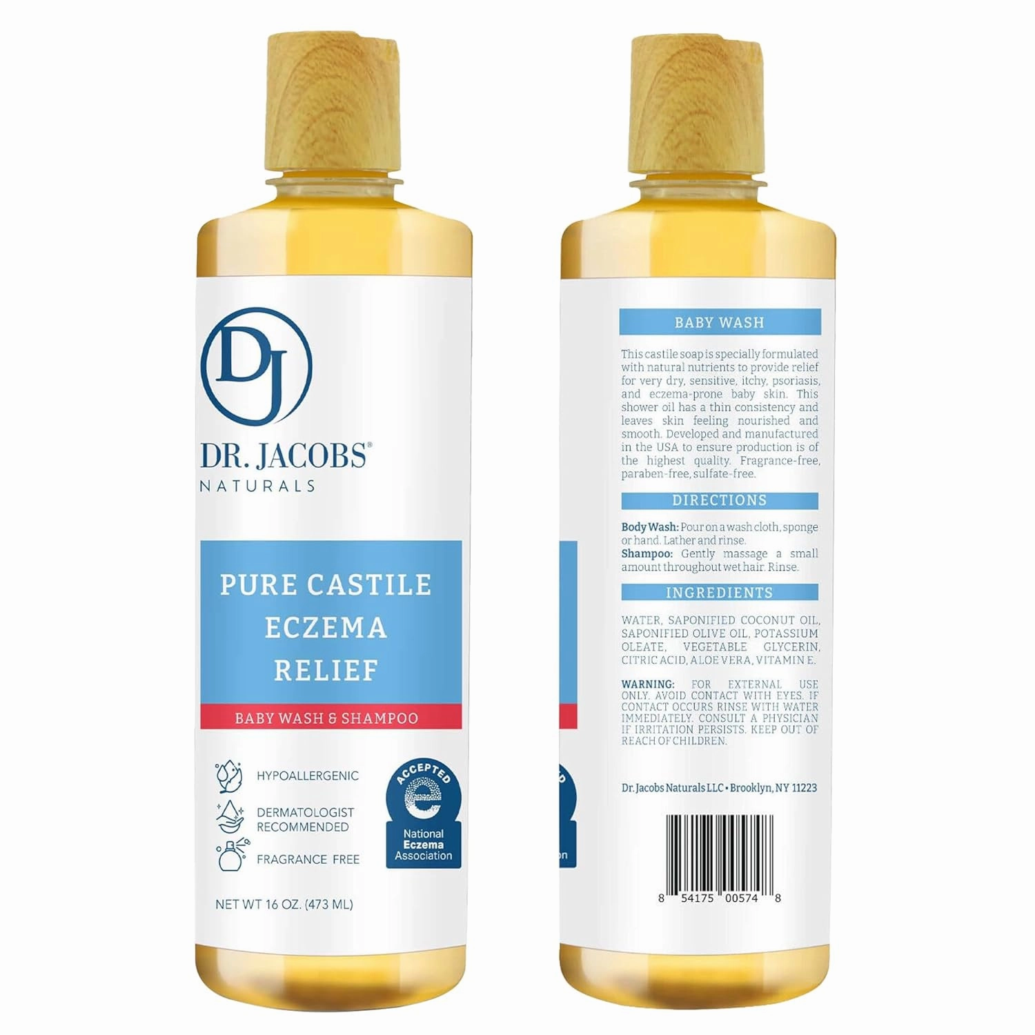 Dr. Jacobs Pure Castile Baby Wash - Effective Body Wash to Relieve Baby Eczema - Gentle Shampoo and Unscented Soap for Sensitive Skin, and Hypoallergenic - 16 oz -2PK