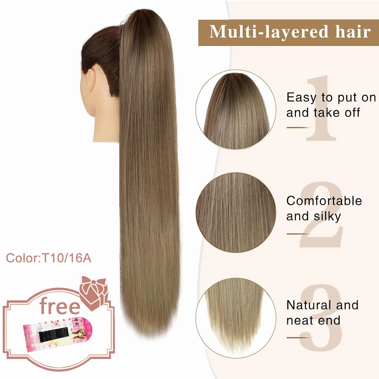 Drawstring Ponytail Extension Straight Ponytail 26Inch Long Straight Pony Tails for Black Women Girls(Color T10/16A)