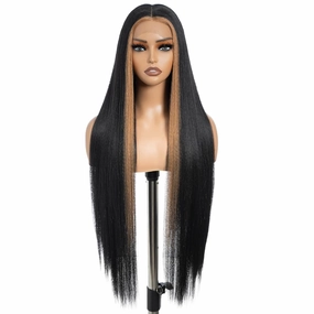 DÉBUT 36 Inches Light Yaki Straight Lace Front Wigs Super Long Synthetic Hair Wig 13x4x0.5 Middle Part Natural Hairline with Baby Hair Skunk Stripe 1B Blonde Wig for Women