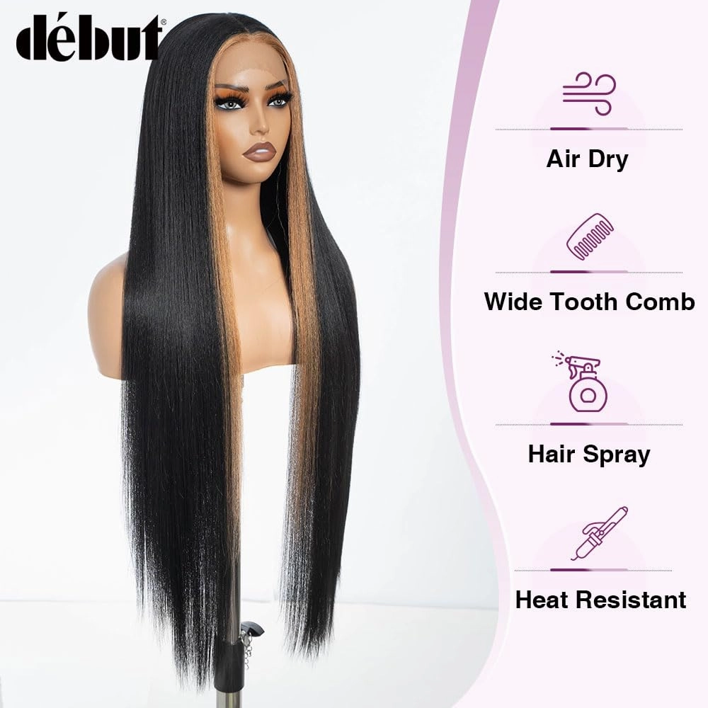 DÉBUT 36 Inches Light Yaki Straight Lace Front Wigs Super Long Synthetic Hair Wig 13x4x0.5 Middle Part Natural Hairline with Baby Hair Skunk Stripe 1B Blonde Wig for Women