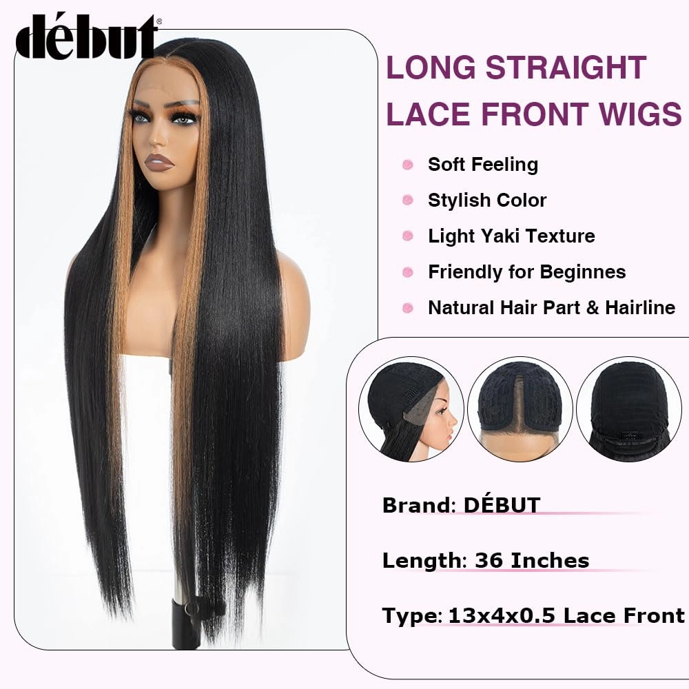 DÉBUT 36 Inches Light Yaki Straight Lace Front Wigs Super Long Synthetic Hair Wig 13x4x0.5 Middle Part Natural Hairline with Baby Hair Skunk Stripe 1B Blonde Wig for Women