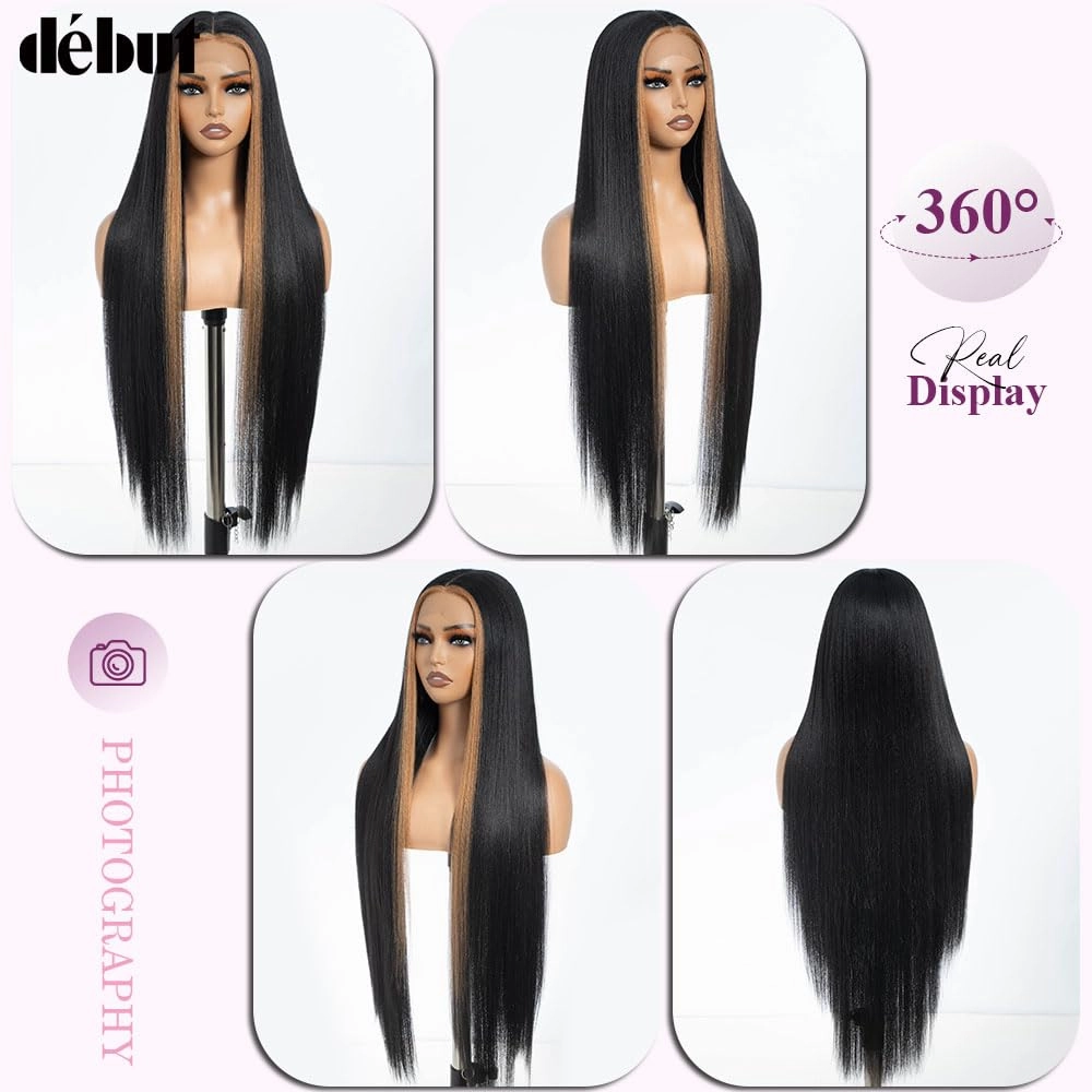 DÉBUT 36 Inches Light Yaki Straight Lace Front Wigs Super Long Synthetic Hair Wig 13x4x0.5 Middle Part Natural Hairline with Baby Hair Skunk Stripe 1B Blonde Wig for Women