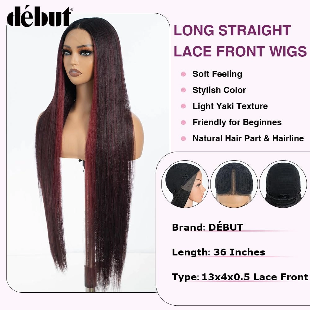 DÉBUT 36 Inches Light Yaki Straight Lace Front Wigs Super Long Synthetic Hair Wig 13x4x0.5 Middle Part Natural Hairline with Baby Hair Skunk Stripe Burgundy Wig for Women