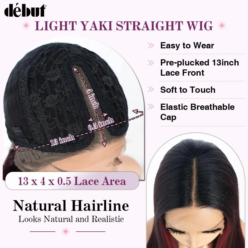 DÉBUT 36 Inches Light Yaki Straight Lace Front Wigs Super Long Synthetic Hair Wig 13x4x0.5 Middle Part Natural Hairline with Baby Hair Skunk Stripe Burgundy Wig for Women