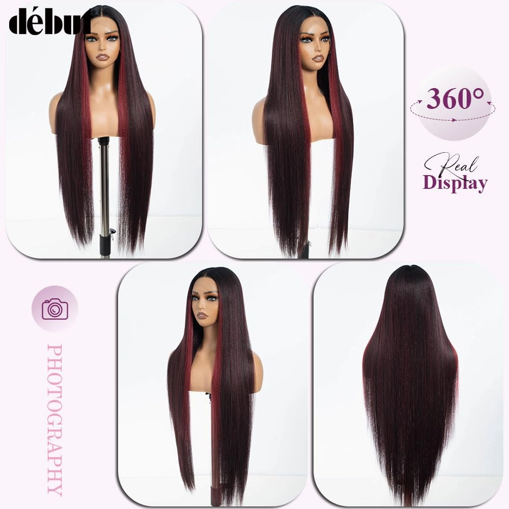 DÉBUT 36 Inches Light Yaki Straight Lace Front Wigs Super Long Synthetic Hair Wig 13x4x0.5 Middle Part Natural Hairline with Baby Hair Skunk Stripe Burgundy Wig for Women
