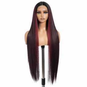 DÉBUT 36 Inches Light Yaki Straight Lace Front Wigs Super Long Synthetic Hair Wig 13x4x0.5 Middle Part Natural Hairline with Baby Hair Skunk Stripe Burgundy Wig for Women