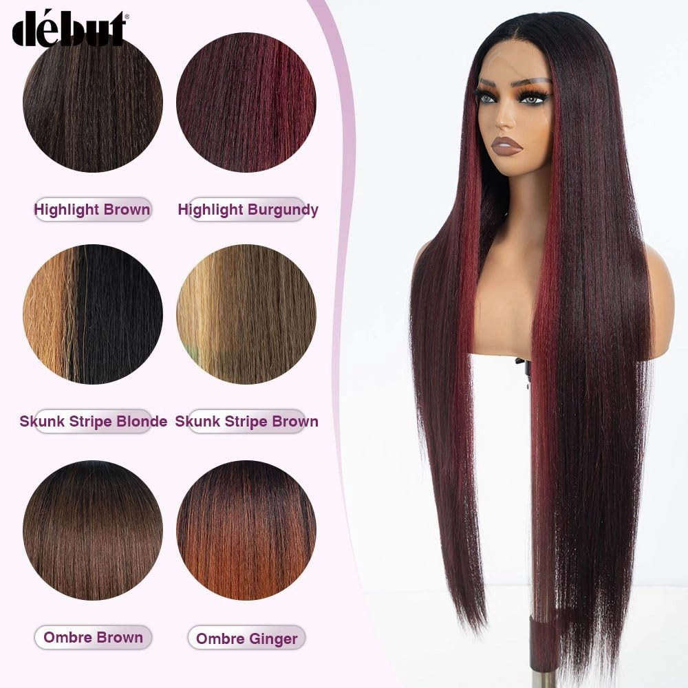 DÉBUT 36 Inches Light Yaki Straight Lace Front Wigs Super Long Synthetic Hair Wig 13x4x0.5 Middle Part Natural Hairline with Baby Hair Skunk Stripe Burgundy Wig for Women