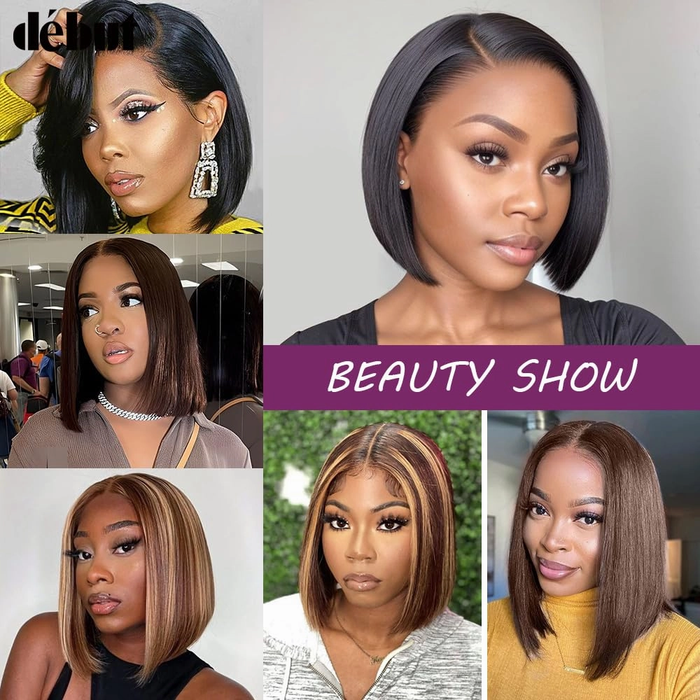 DÉBUT Highlight Brown Lace Front Wig HD Lace Closure 4x4 Wigs Short Bob Human Hair Wig for Women Pre Plucked 13inch Lace Front Natural Hairline with Baby Hair 10 Inches Ombre Brown Blonde Piano Color
