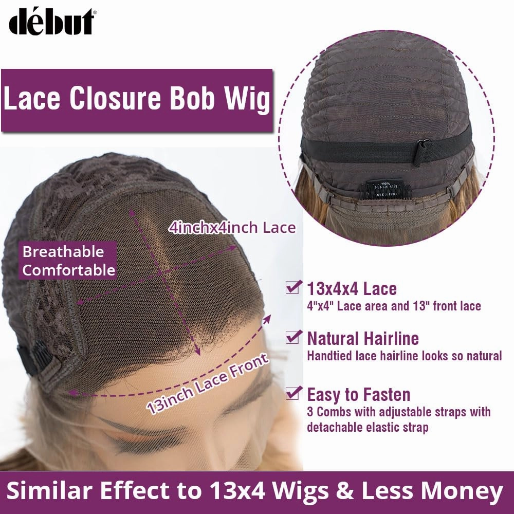 DÉBUT Highlight Brown Lace Front Wig HD Lace Closure 4x4 Wigs Short Bob Human Hair Wig for Women Pre Plucked 13inch Lace Front Natural Hairline with Baby Hair 10 Inches Ombre Brown Blonde Piano Color