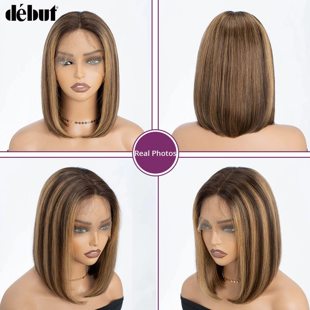 DÉBUT Highlight Brown Lace Front Wig HD Lace Closure 4x4 Wigs Short Bob Human Hair Wig for Women Pre Plucked 13inch Lace Front Natural Hairline with Baby Hair 10 Inches Ombre Brown Blonde Piano Color