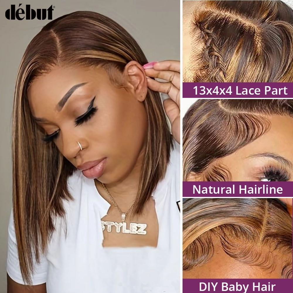 DÉBUT Highlight Brown Lace Front Wig HD Lace Closure 4x4 Wigs Short Bob Human Hair Wig for Women Pre Plucked 13inch Lace Front Natural Hairline with Baby Hair 10 Inches Ombre Brown Blonde Piano Color