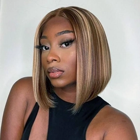 DÉBUT Highlight Brown Lace Front Wig HD Lace Closure 4x4 Wigs Short Bob Human Hair Wig for Women Pre Plucked 13inch Lace Front Natural Hairline with Baby Hair 10 Inches Ombre Brown Blonde Piano Color
