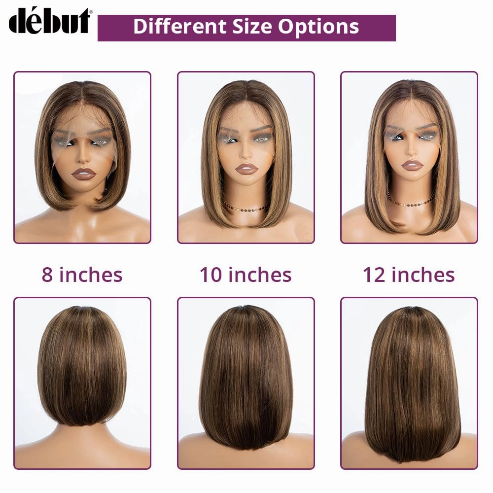 DÉBUT Highlight Brown Lace Front Wig HD Lace Closure 4x4 Wigs Short Bob Human Hair Wig for Women Pre Plucked 13inch Lace Front Natural Hairline with Baby Hair 10 Inches Ombre Brown Blonde Piano Color