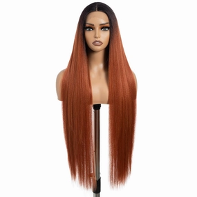 DÉBUT Light Yaki Straight Lace Front Wigs 36 Inches Super Long Wig 13x4x0.5 Middle Part Natural Hairline with Baby Hair Ombre Ginger Brown Synthetic Wig for Women