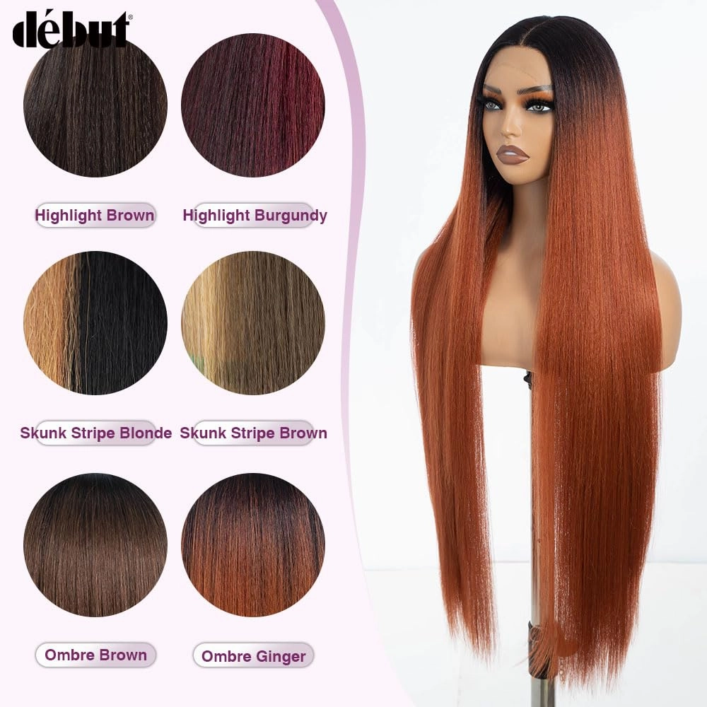 DÉBUT Light Yaki Straight Lace Front Wigs 36 Inches Super Long Wig 13x4x0.5 Middle Part Natural Hairline with Baby Hair Ombre Ginger Brown Synthetic Wig for Women