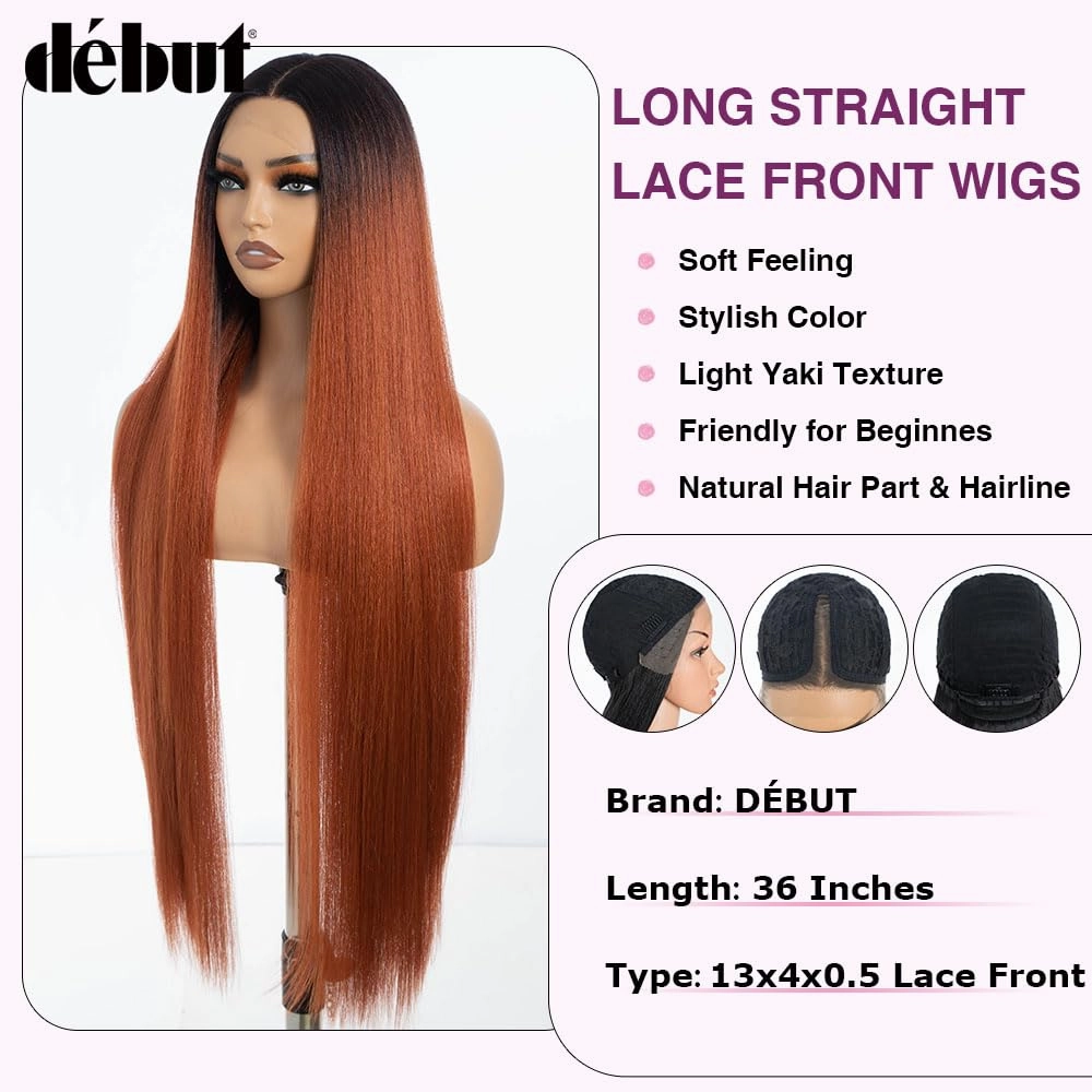 DÉBUT Light Yaki Straight Lace Front Wigs 36 Inches Super Long Wig 13x4x0.5 Middle Part Natural Hairline with Baby Hair Ombre Ginger Brown Synthetic Wig for Women