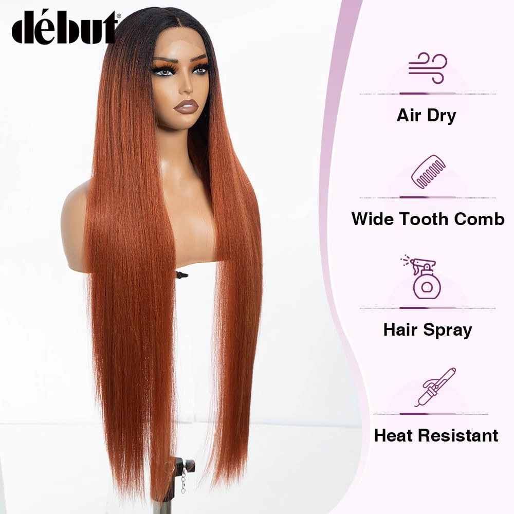 DÉBUT Light Yaki Straight Lace Front Wigs 36 Inches Super Long Wig 13x4x0.5 Middle Part Natural Hairline with Baby Hair Ombre Ginger Brown Synthetic Wig for Women