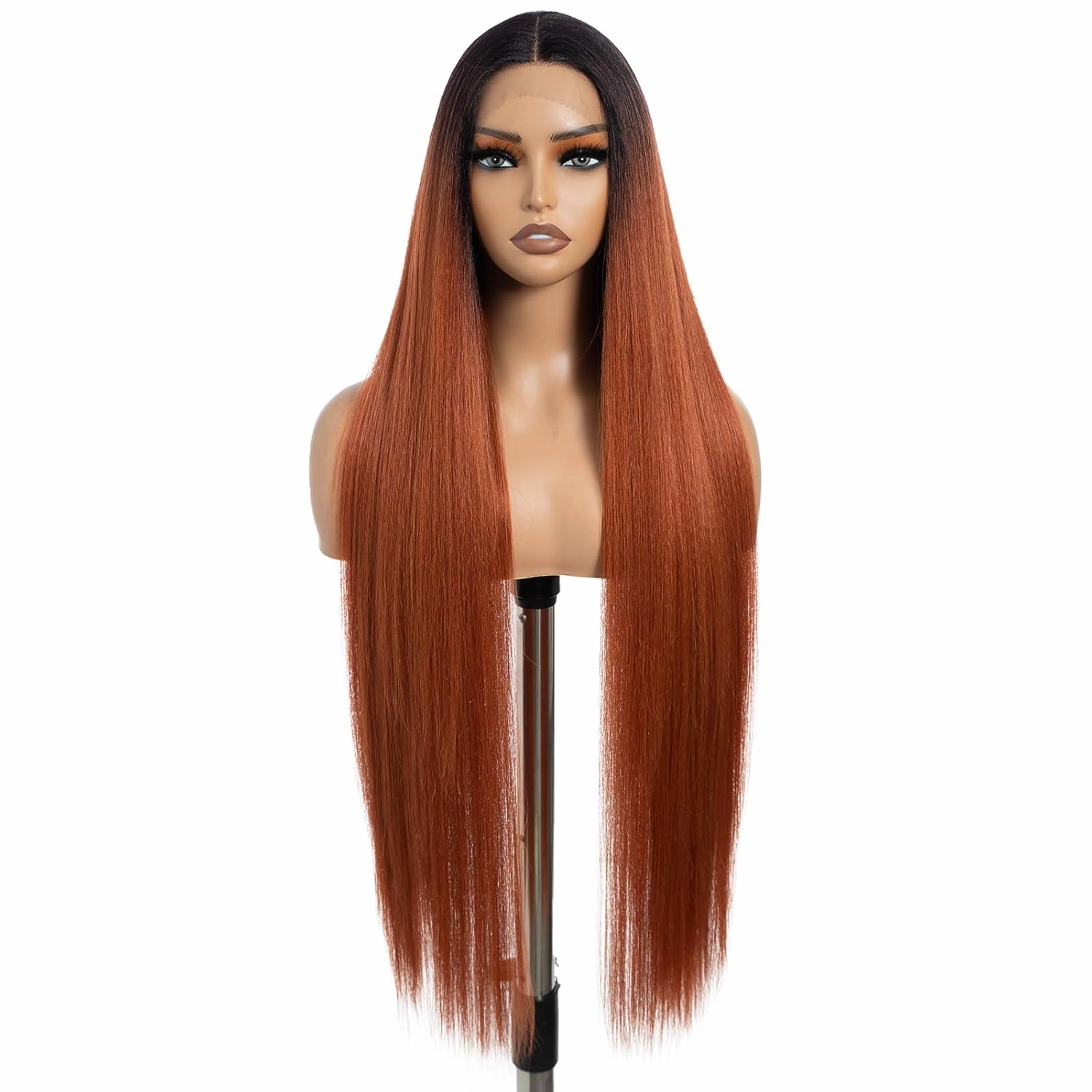 DÉBUT Light Yaki Straight Lace Front Wigs 36 Inches Super Long Wig 13x4x0.5 Middle Part Natural Hairline with Baby Hair Ombre Ginger Brown Synthetic Wig for Women
